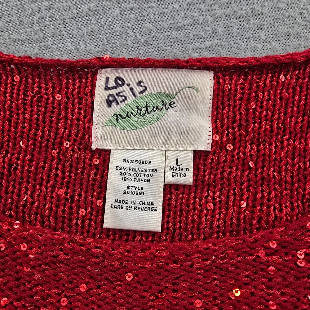 Nurture Sweater Womens Large Red Sequin Tight Knit Scoop Neck Ribbed Winter Warm - Picture 3 of 7